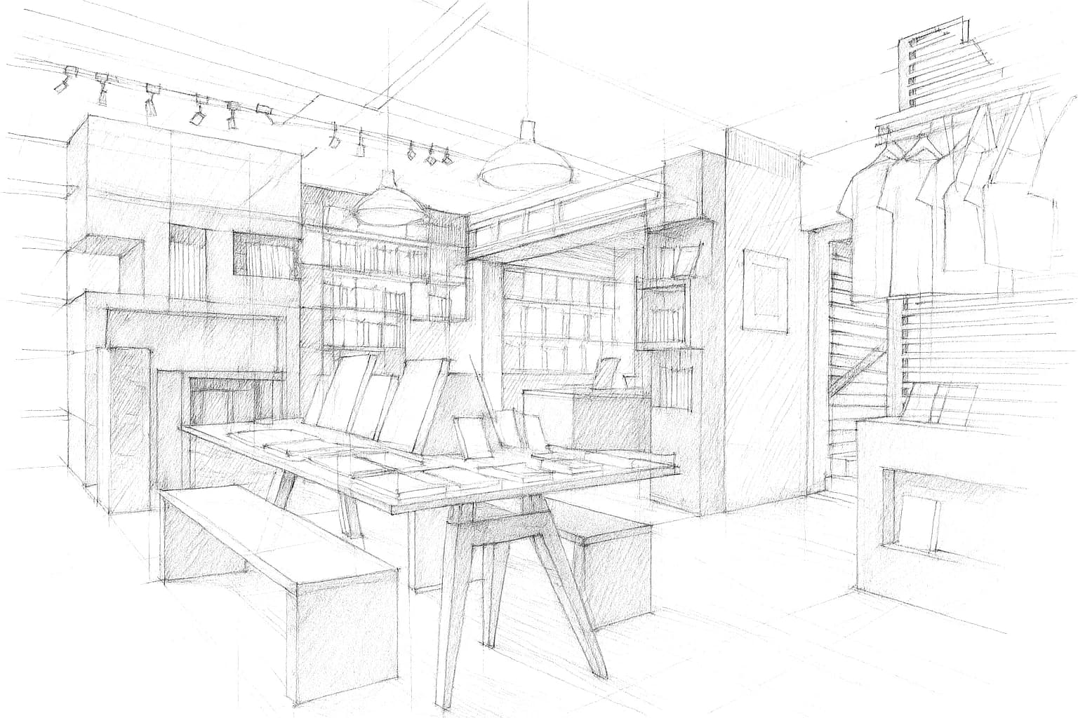 Dibujo a línea del interior de la casa